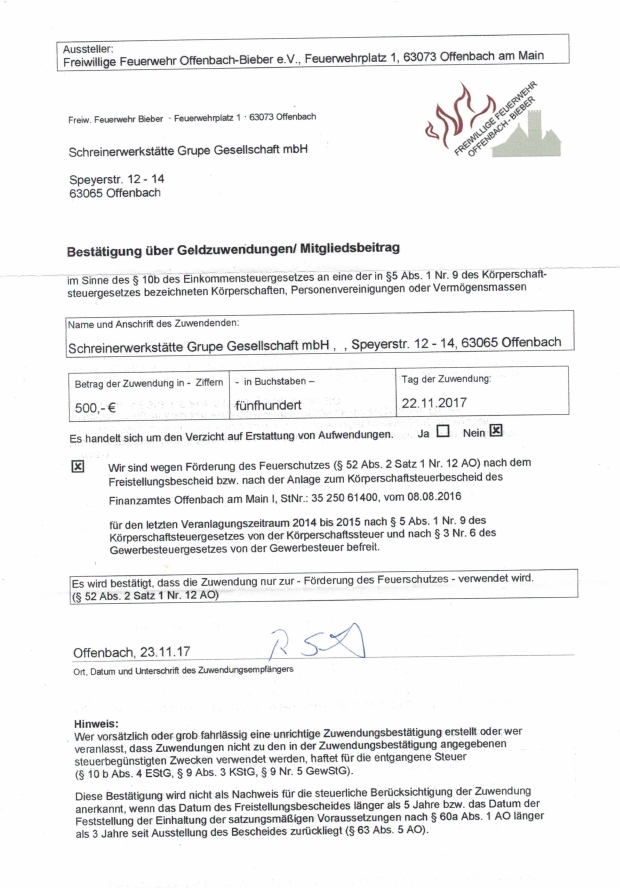 Schreinerei Grupe Spendenaktion 2017