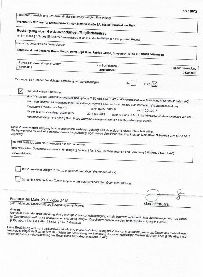 Schreinerei Grupe Spendenaktion 2018