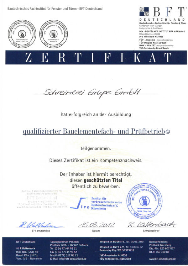Schreinerei Grupe GmbH Offenbach und Frankfurt - Zertifikat